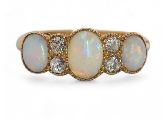 Antique opal and diamond three stone carved ring in 18kt yellow gold – Matthew Weldon