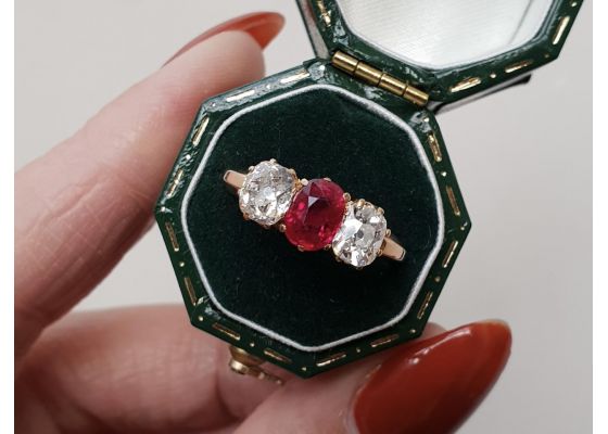 Antique ruby and Old Mine cut diamond three stone ring