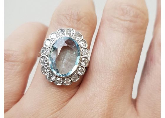 Vintage aquamarine and diamond floral cluster ring
