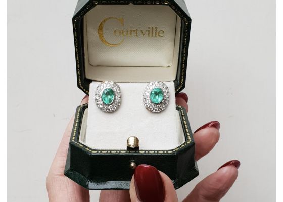 Vintage Oval Emerald & Diamond Cluster Earrings