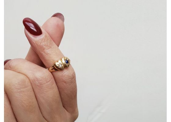 1899 double heart diamond and sapphire ring in 18kt yellow gold