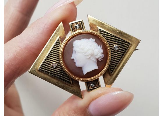 French Eclectic period cameo, diamond and enamel brooch