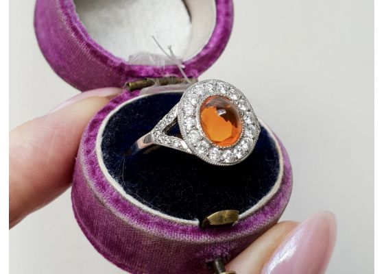 Art Deco style fire opal and diamond halo cluster ring