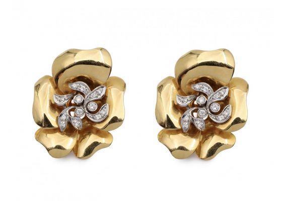 Italian vintage diamond and 18kt yellow gold pansy earrings