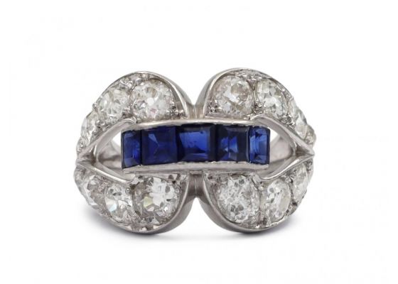 Art Deco openwork double loop ring set with sapphire and diamond