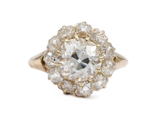 Antique 1.70ct Old Mine cut diamond centre coronet cluster ring