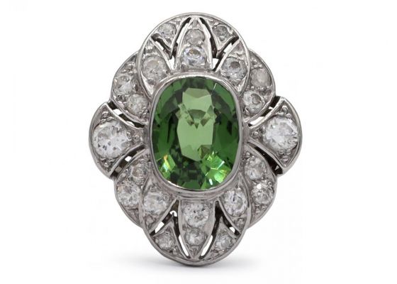 Art Deco style green tourmaline and diamond nanette cluster ring