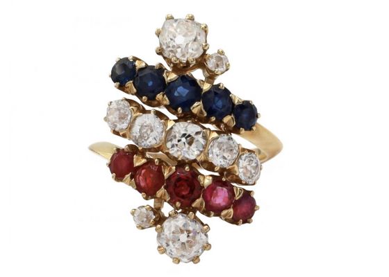 Retro Old Mine cut diamond, sapphire and ruby cluster ring in gold