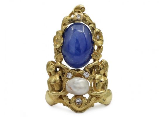 Art Nouveau style sapphire, pearl and diamond mermaid ring