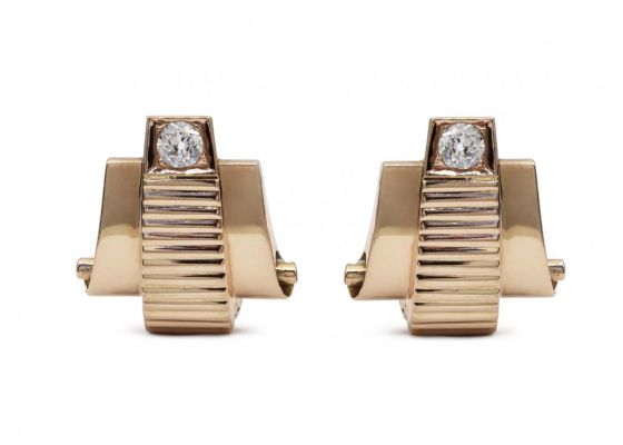 1940s diamond set ribbed and scrolling trapezoid earrings in rose gold