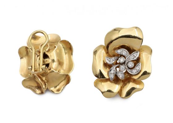 Italian vintage diamond and 18kt yellow gold pansy earrings