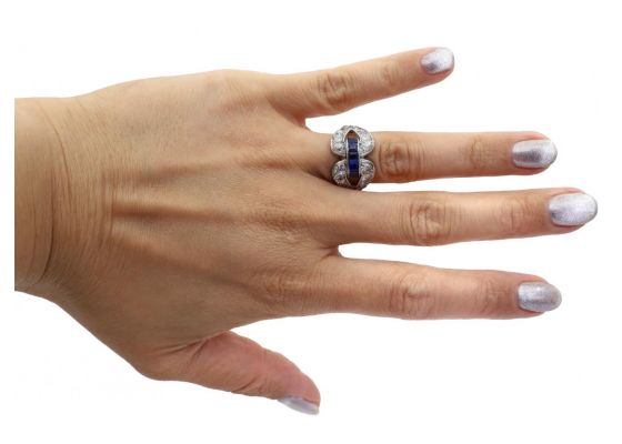 Art Deco openwork double loop ring set with sapphire and diamond