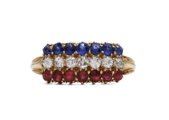 Antique sapphire, diamond and ruby three row ring