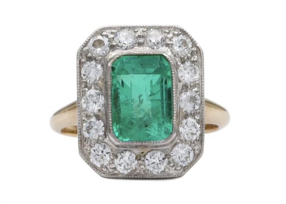 1950s Colombian emerald and diamond octagonal cluster ring