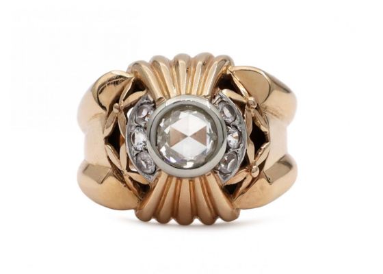 1940s rose cut diamond and white sapphire cocktail ring in gold