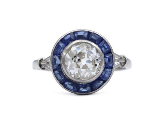 French Art Deco diamond and sapphire target engagement ring in platinum
