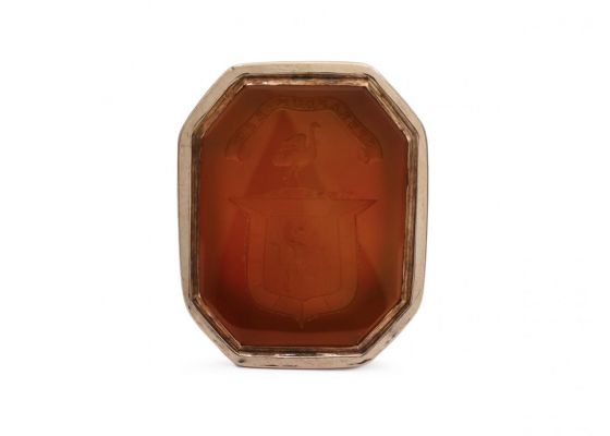 Antique carnelian intaglio 'Wallace clan' crest in 9kt gold