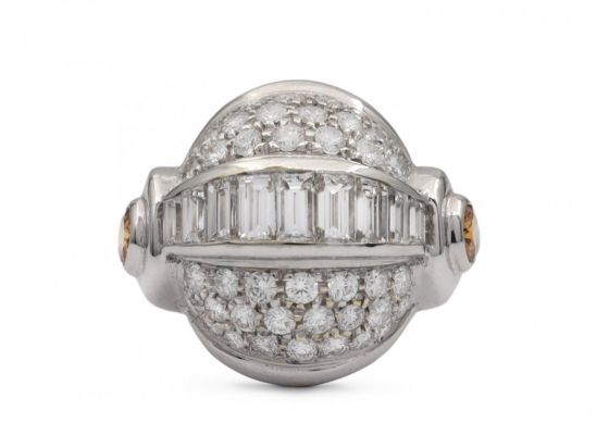 Art Deco style circular bombe diamond cluster ring in 18kt white gold