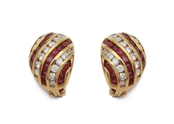 Vintage 18kt gold, ruby and diamond domed clip on earrings