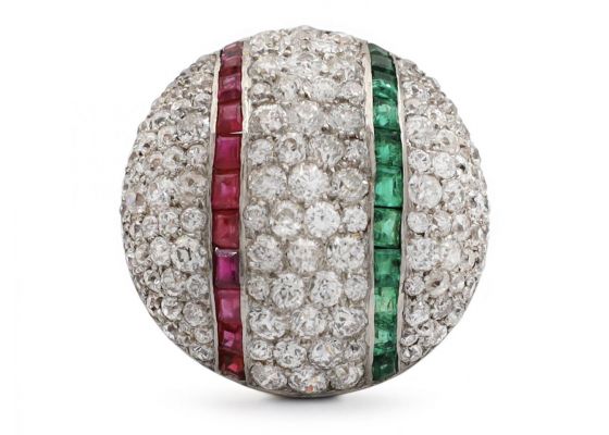 Art Deco large diamond, ruby and emerald circular domed cluster ring