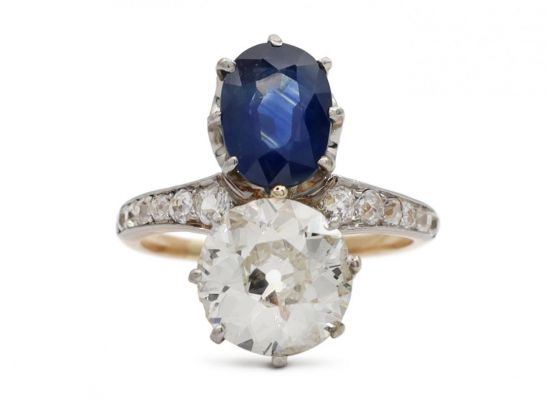 Antique Belle Époque sapphire and diamond 'toi et moi' two stone ring