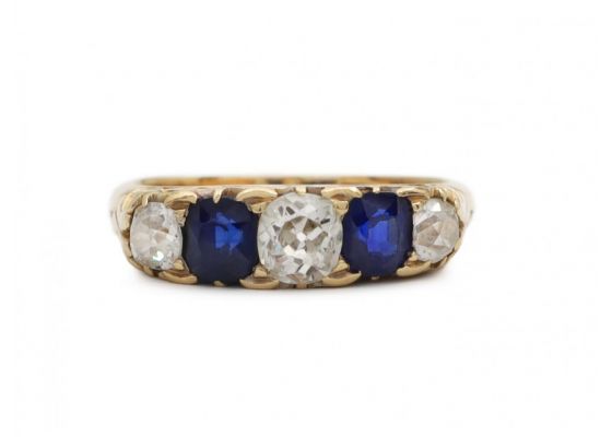 Antique Victorian diamond and sapphire five stone carved ring