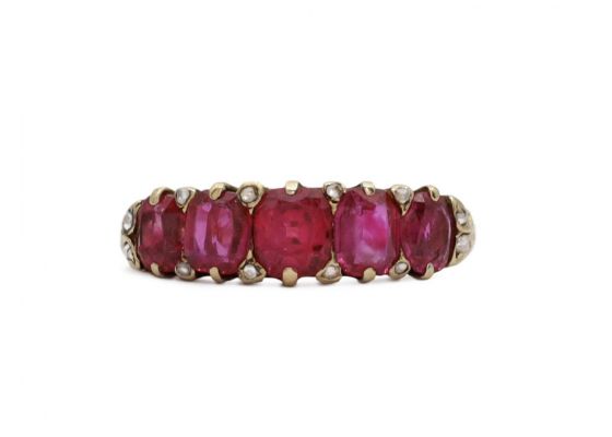 Victorian five stone ruby carved ring in gold