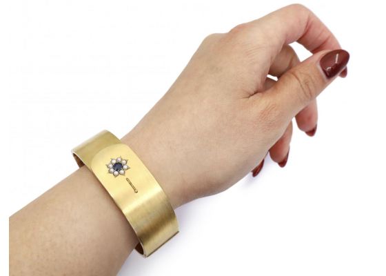 Antique sapphire and pearl wide hinged cuff bangle in gold