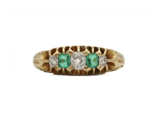 Victorian diamond and emerald five stone ring in gold