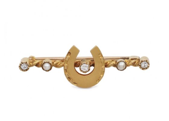Antique horseshoe diamond and pearl bar brooch in gold