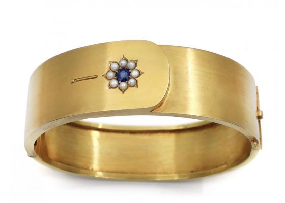 Antique sapphire and pearl wide hinged cuff bangle in gold