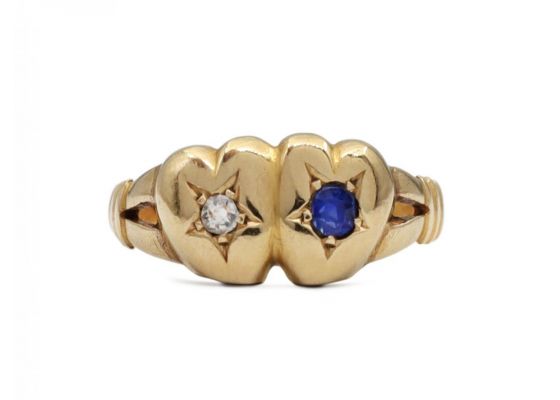1899 double heart diamond and sapphire ring in 18kt yellow gold