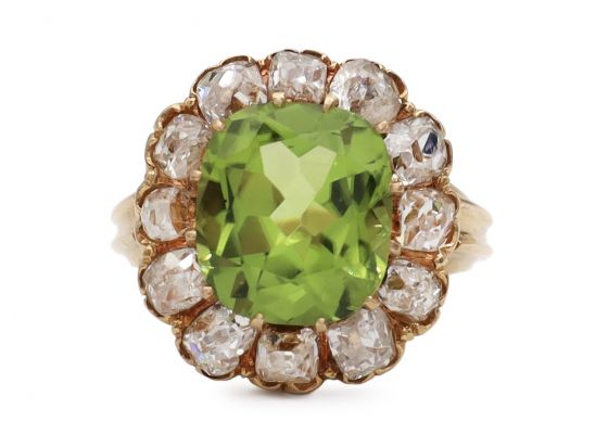 Victorian peridot and diamond coronet cluster ring in gold