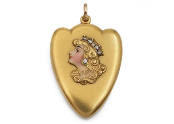 Edwardian enamel princess large shield locket in 15kt gold