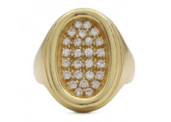 Vintage Italian diamond oval plaque ring in 18kt yellow gold