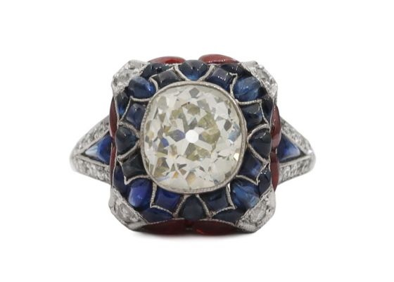 Art Deco style diamond sapphire and ruby cluster ring in platinum