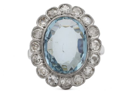 Vintage aquamarine and diamond floral cluster ring