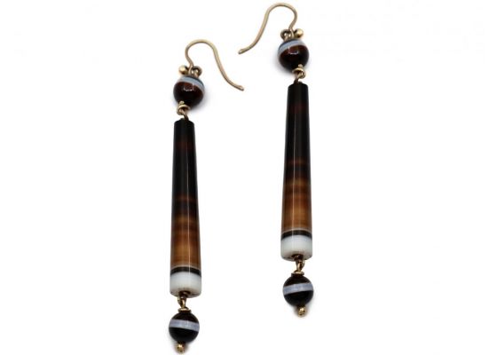 Victorian banded onyx sphere and barrel long drop earrings