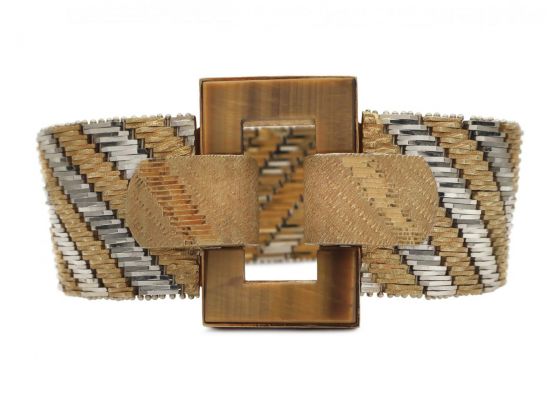 1970s tiger's eye herringbone buckle bracelet in two tone gold