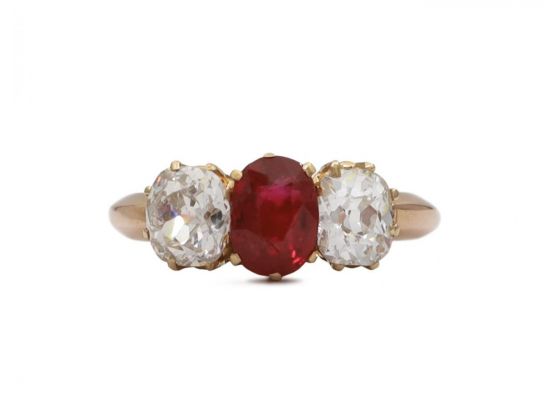 Antique ruby and Old Mine cut diamond three stone ring