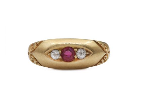 1898 ruby and diamond three stone flush set ring in gold