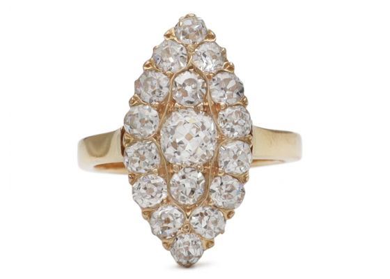 Victorian marquise shape diamond cluster ring in gold