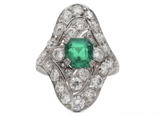 Art Deco emerald and diamond shield ring in platinum
