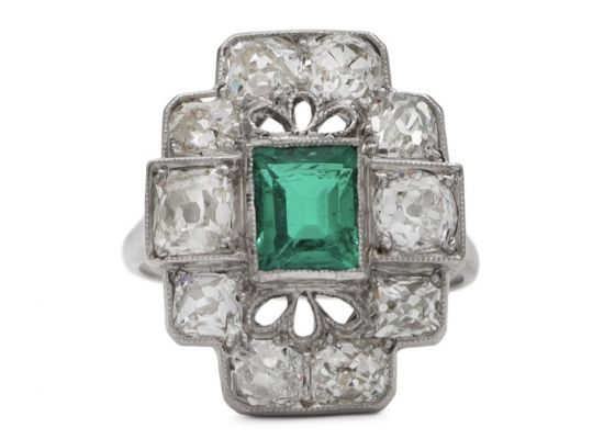 Art Deco emerald and diamond cluster ring in platinum