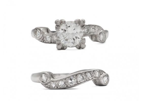 1950s solitaire diamond ring and wedding ring bridal set
