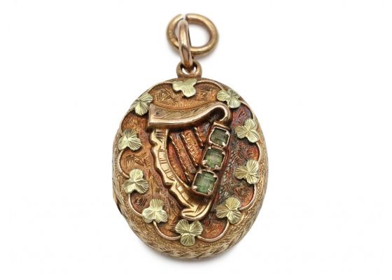 Antique Irish oval harp and shamrock locket