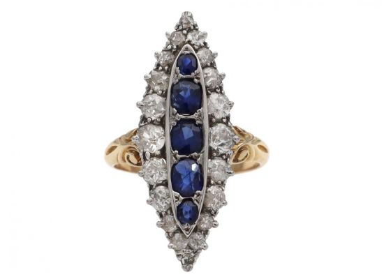 Edwardian marquise cluster ring set with sapphires and diamonds