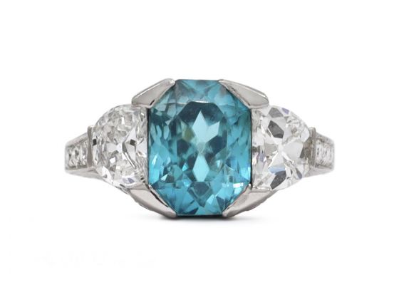 Art Deco style blue Zircon and diamond three stone ring