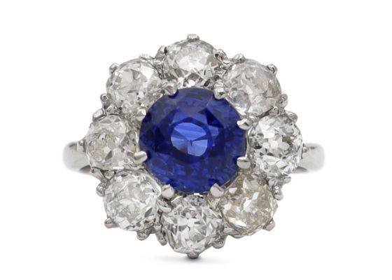 Vintage sapphire and diamond coronet cluster engagement ring