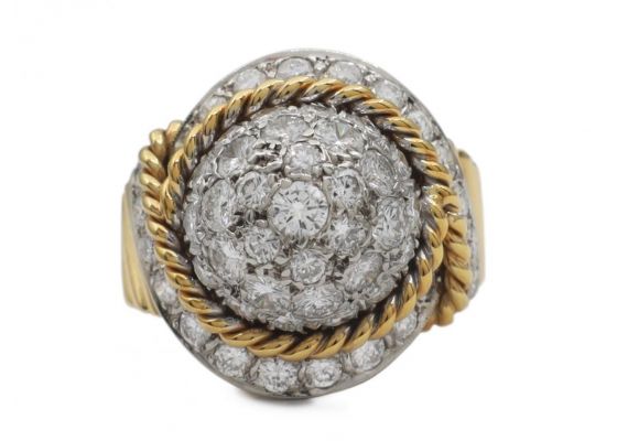 Retro diamond bombe ring with rope twist border in 18kt gold